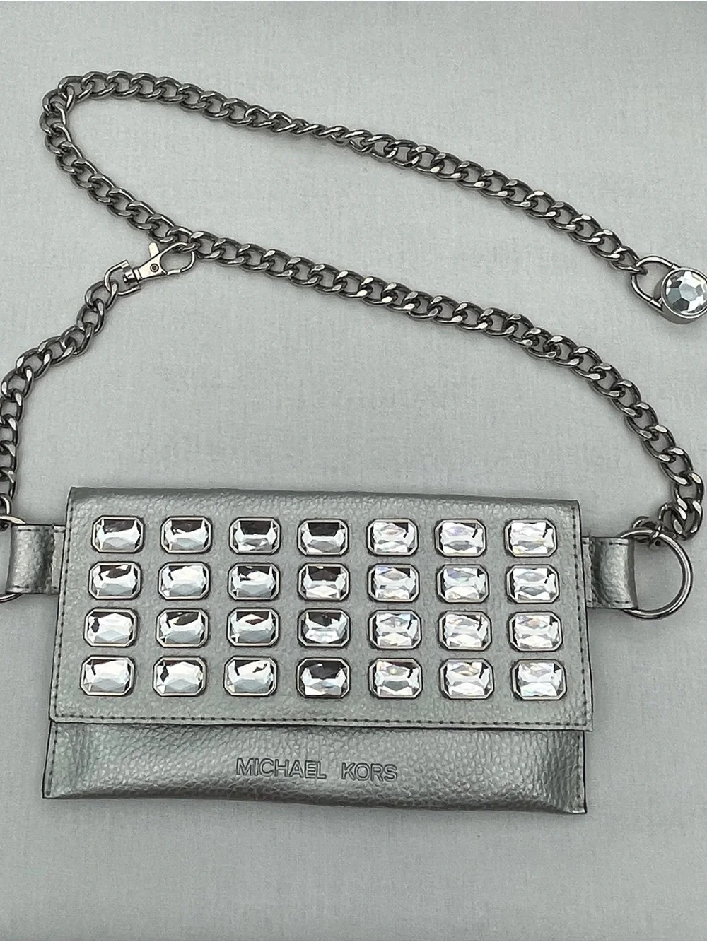 NWO. Michael Kors Silver Crystal-Embellished Chain Crossbody or Belt Wallet.
